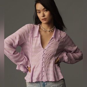 By Anthropologie Long-Sleeve Button-Front Textured Blouse size xs NWT